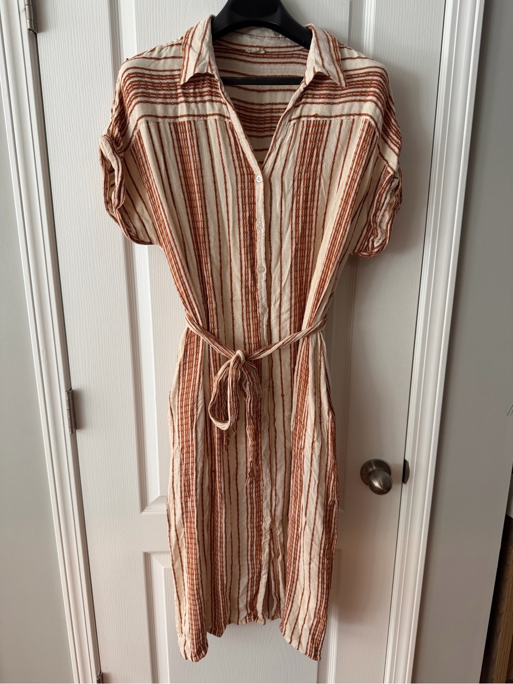 En Creme Striped Midi Shirt Dress in Cream & Rust